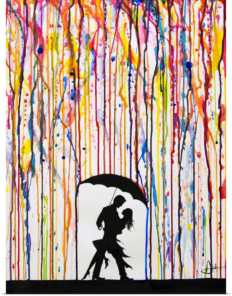 Watercolor and ink painting of a couple dancing under an umbrella under colorful rain.