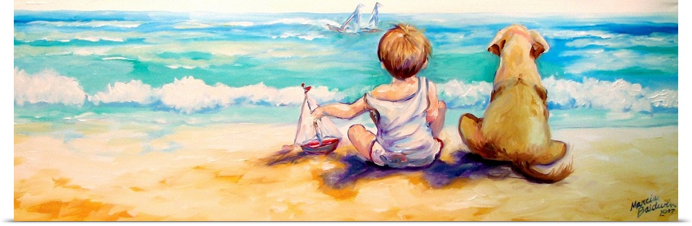 This sweet painting of a little boy and his best friend, his dog, sitting and watching a sail boat during a fun day at the...