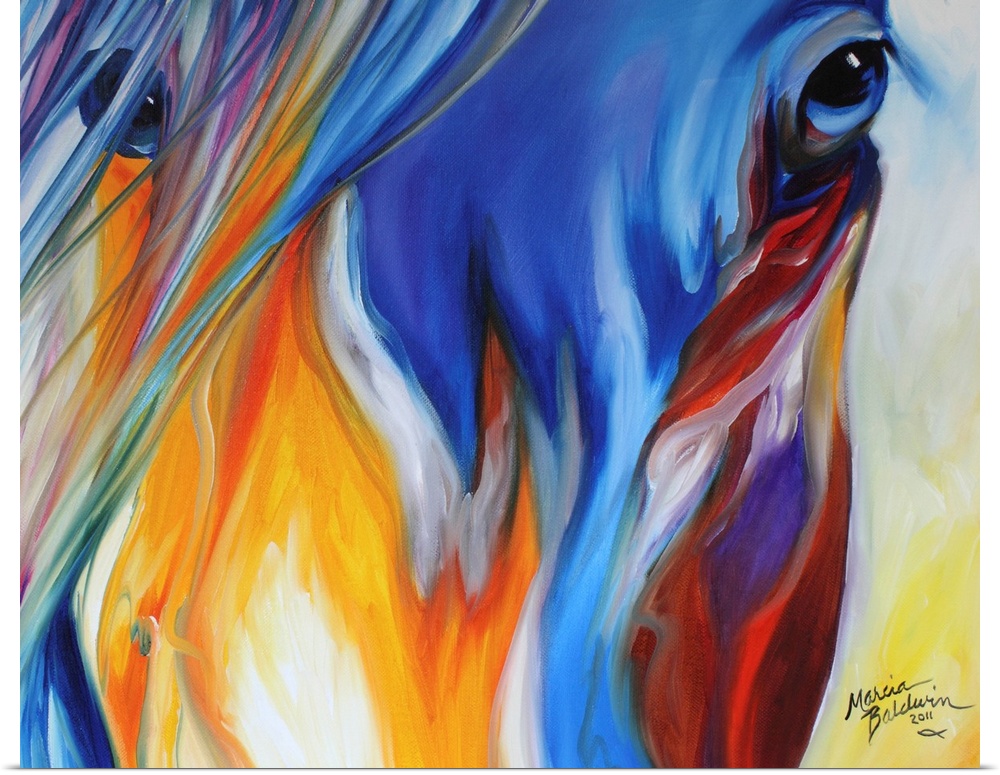 Close-up abstract painting of a colorful horse face with bright blue eyes.
