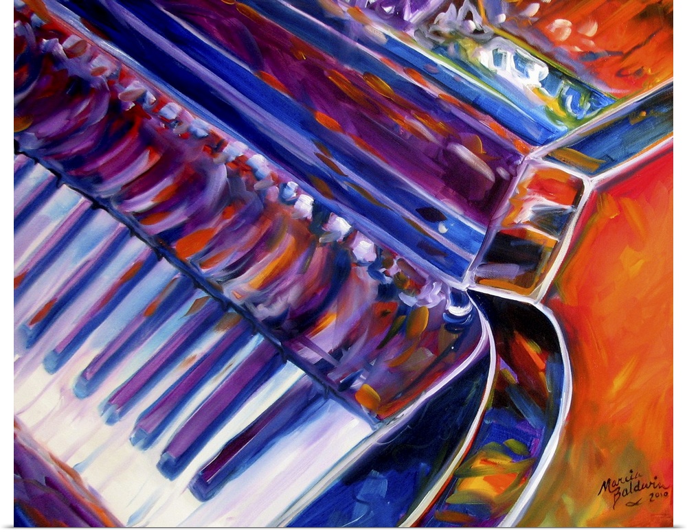 Square abstract painting of the grand piano created with blue, purple, orange, and red hues.