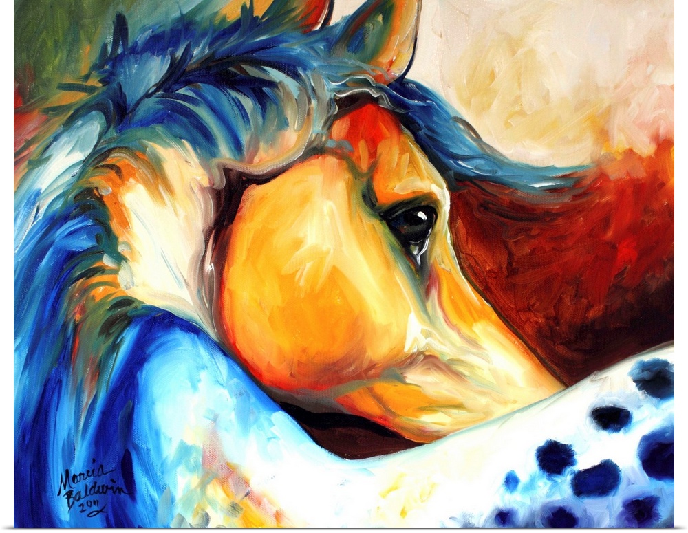 Contemporary painting of a colorful curved Appaloosa horse.