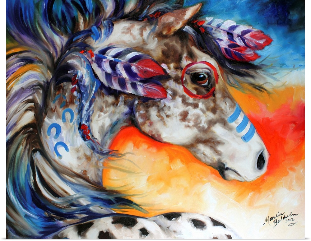 Contemporary painting of an Appaloosa Indian War Horse with blue and red body paint and feathers in its mane on a colorful...