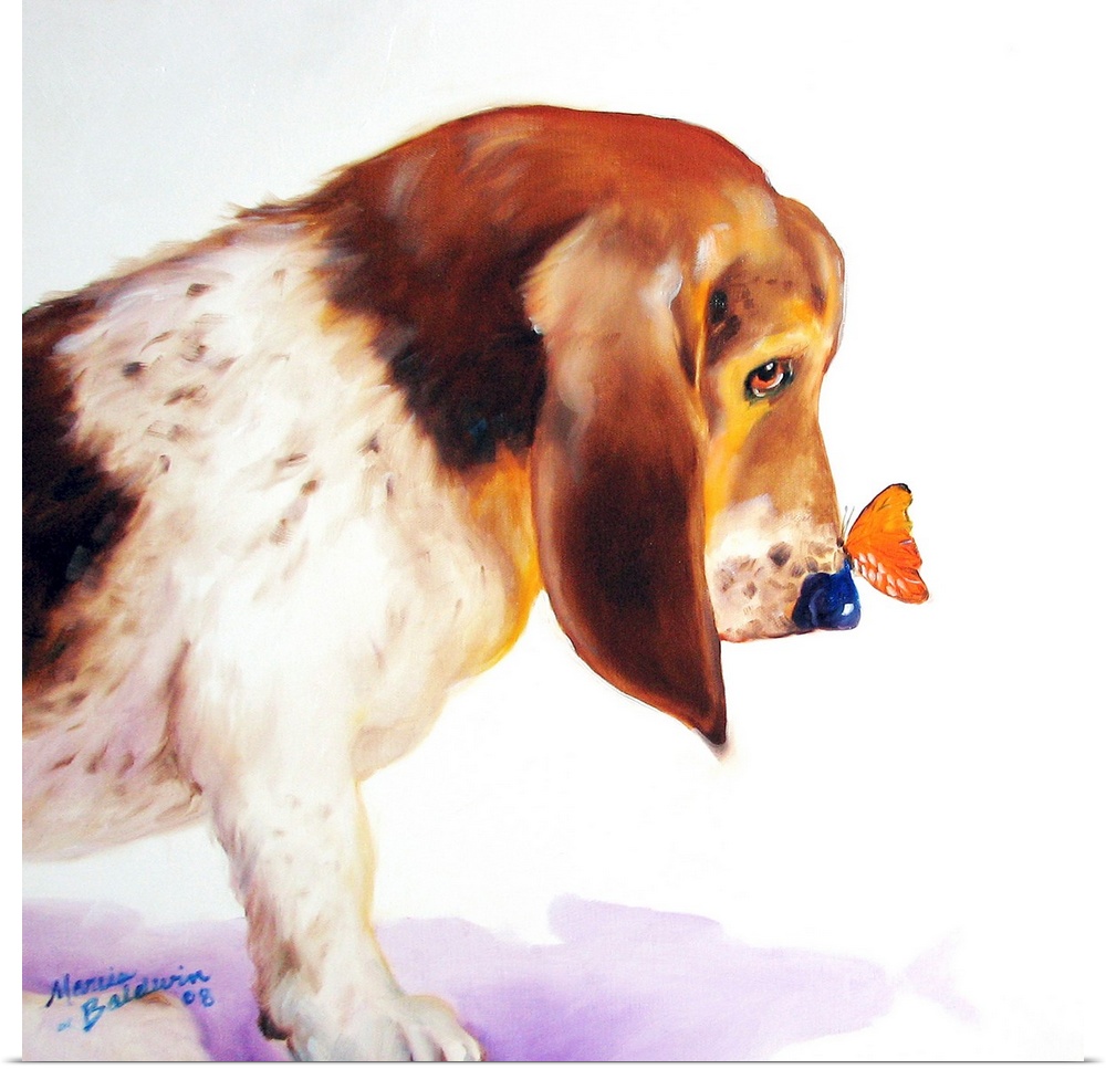 Square painting of a basset hound with an orange butterfly on its nose.