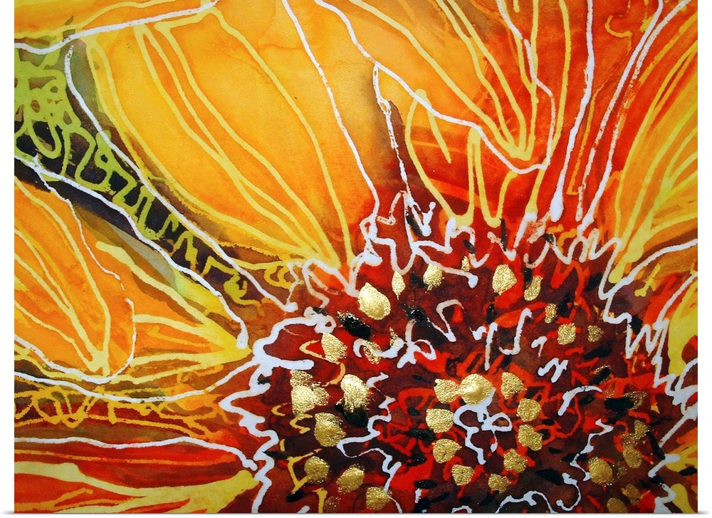 Abstract painting of a sunflower close-up created with warm hues, metallic gold dots, and a batik design.
