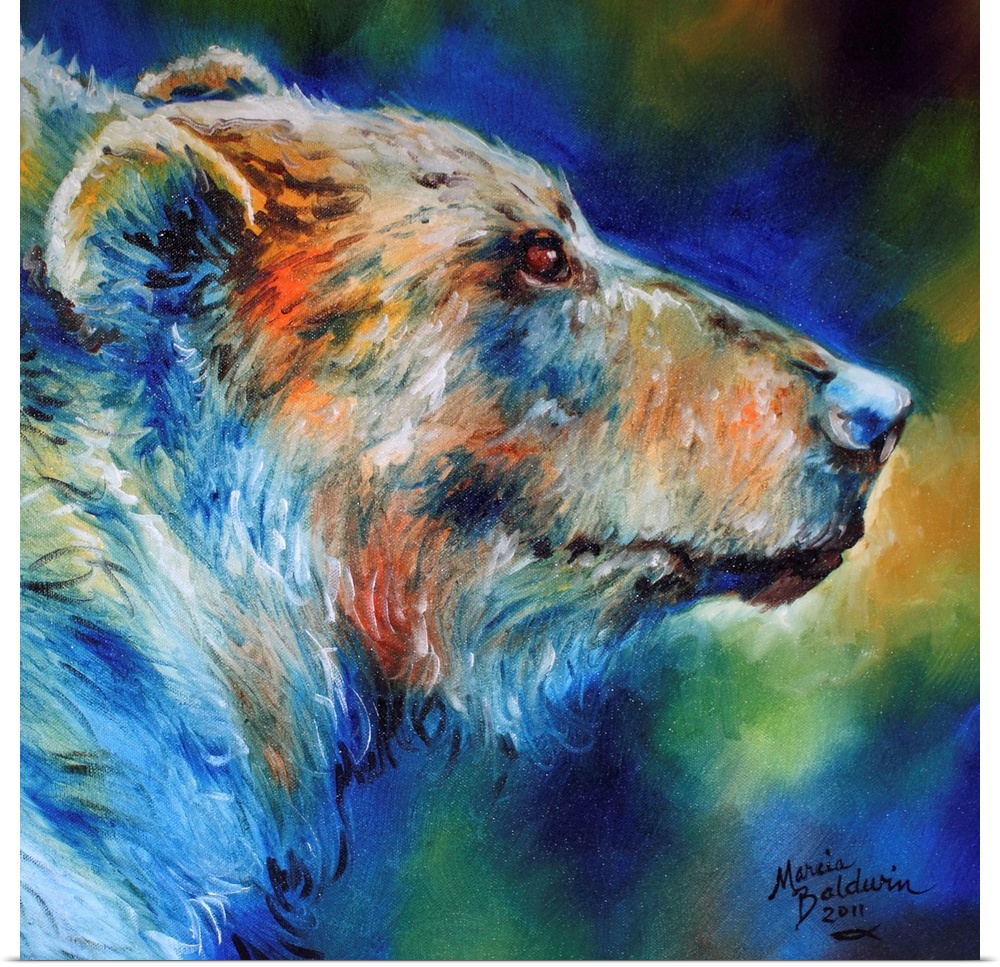 Contemporary painting of a grizzly bear made with blue, orange, yellow, brown, and green hues on a square canvas.