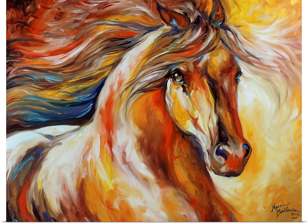 Contemporary painting of a horse in action with a flowing mane.