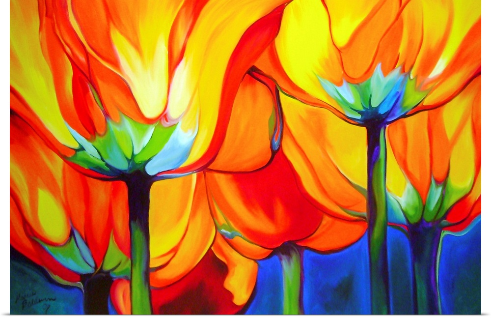 Contemporary painting of vibrant yellow, red, and orange poppy flowers on blue background.