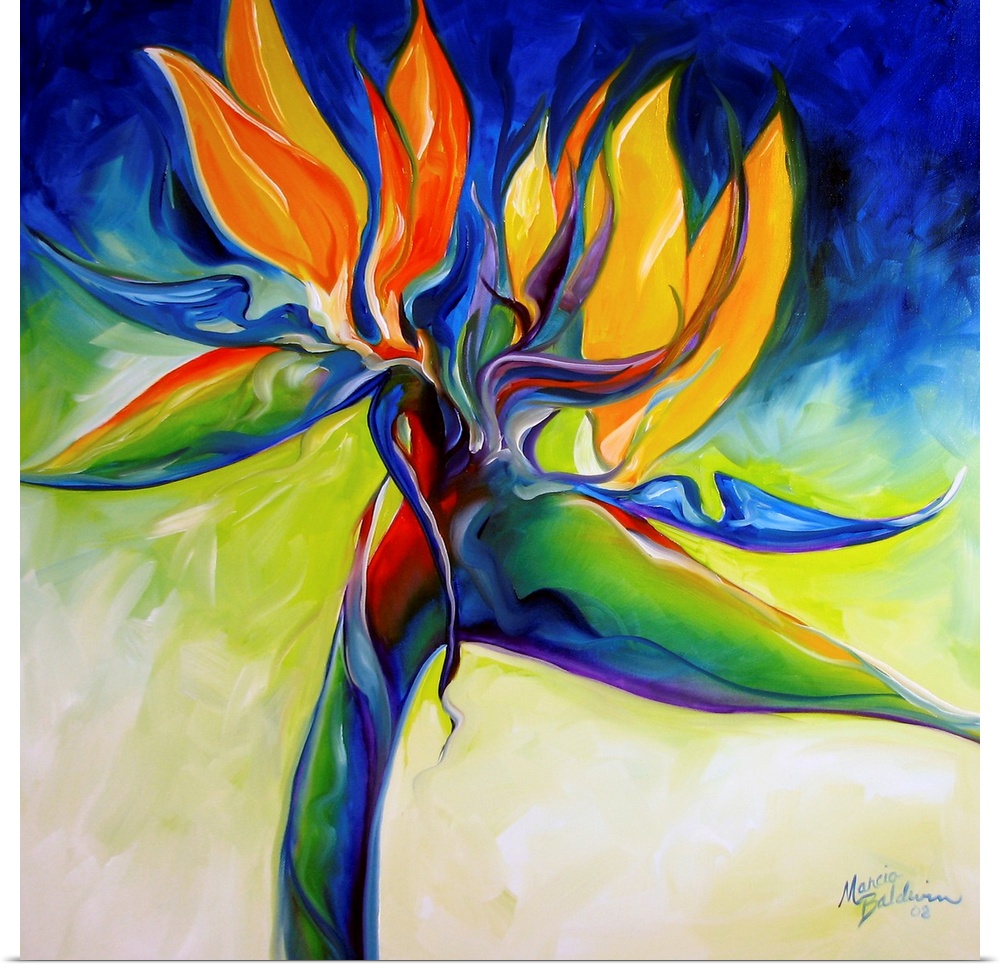Contemporary painting of a bird of paradise flower on a blue, green, yellow, and cream square background.