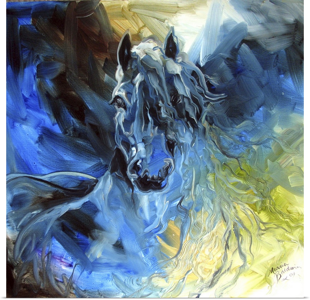 Square abstract painting of a horse in golds and blues created with dynamic brush strokes.