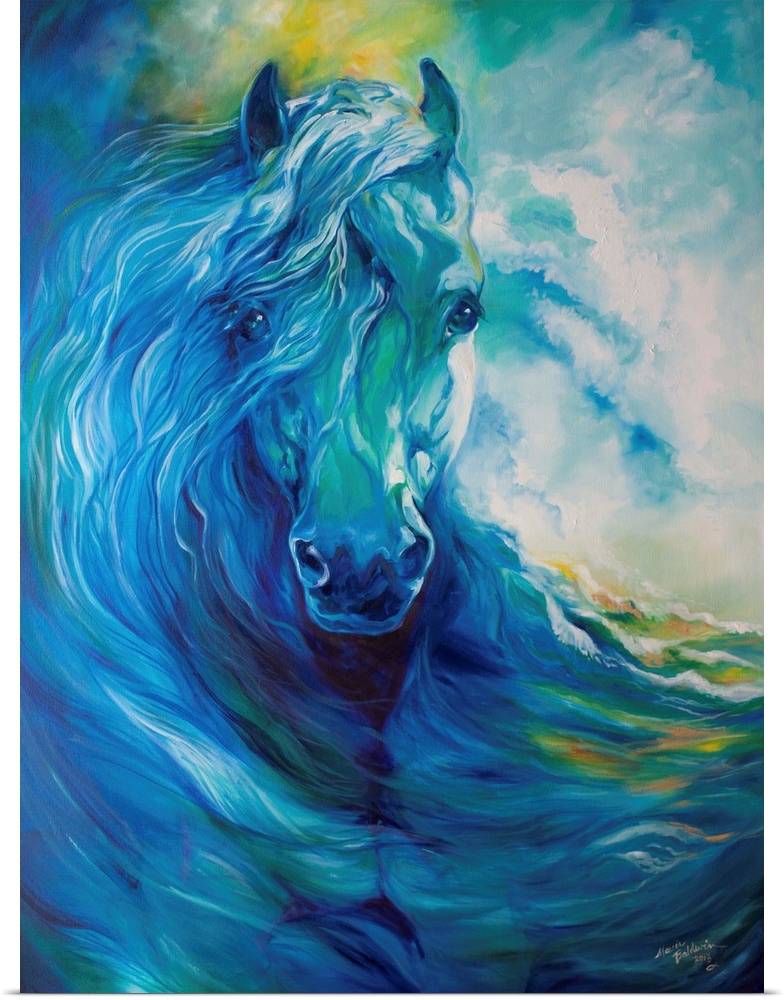Abstract equine painting in cool blue, yellow, and green tones.