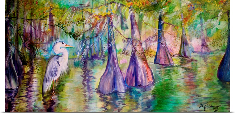 Painting of the Great Blue Heron among the bald cypress trees in the bayous of Louisiana.