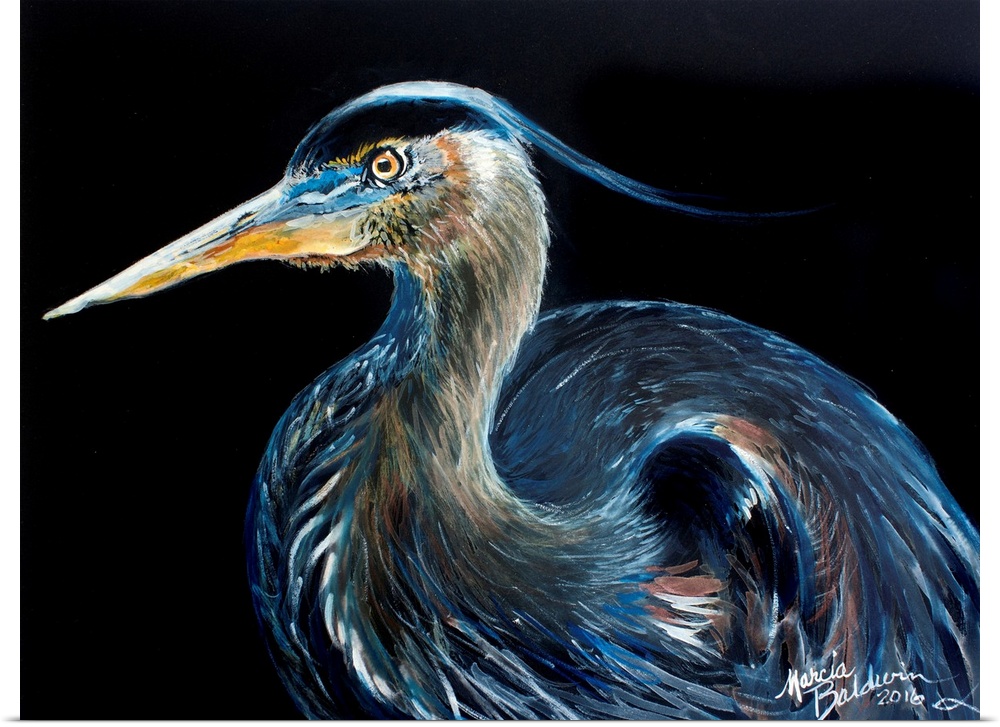 Contemporary painting of a Blue Heron on a solid black background.
