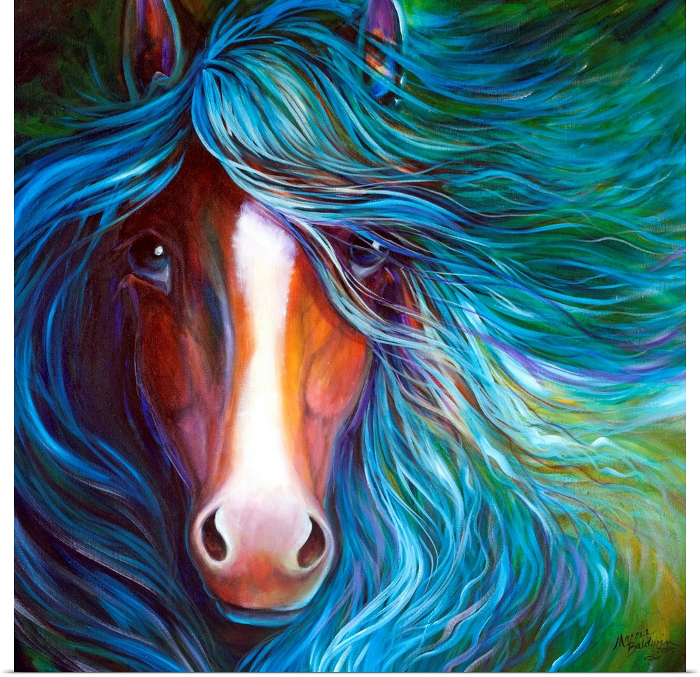 An equine abstract of a bay horse with white blaze and flowing mane in blue.