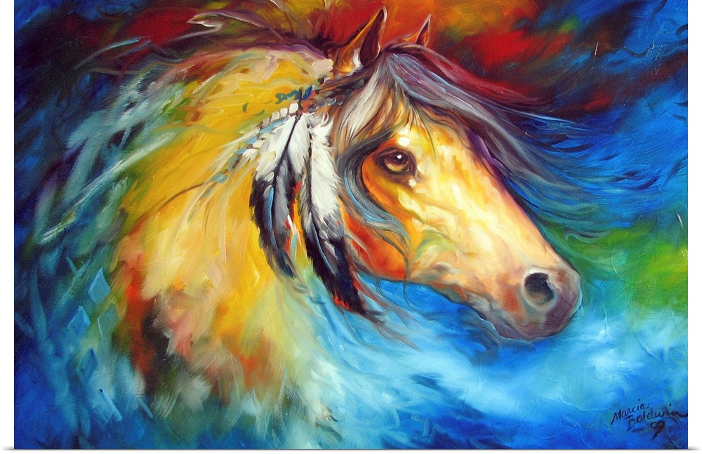 Abstract painting of an Indian War Pony with feathers attached to its mane on a colorful background.