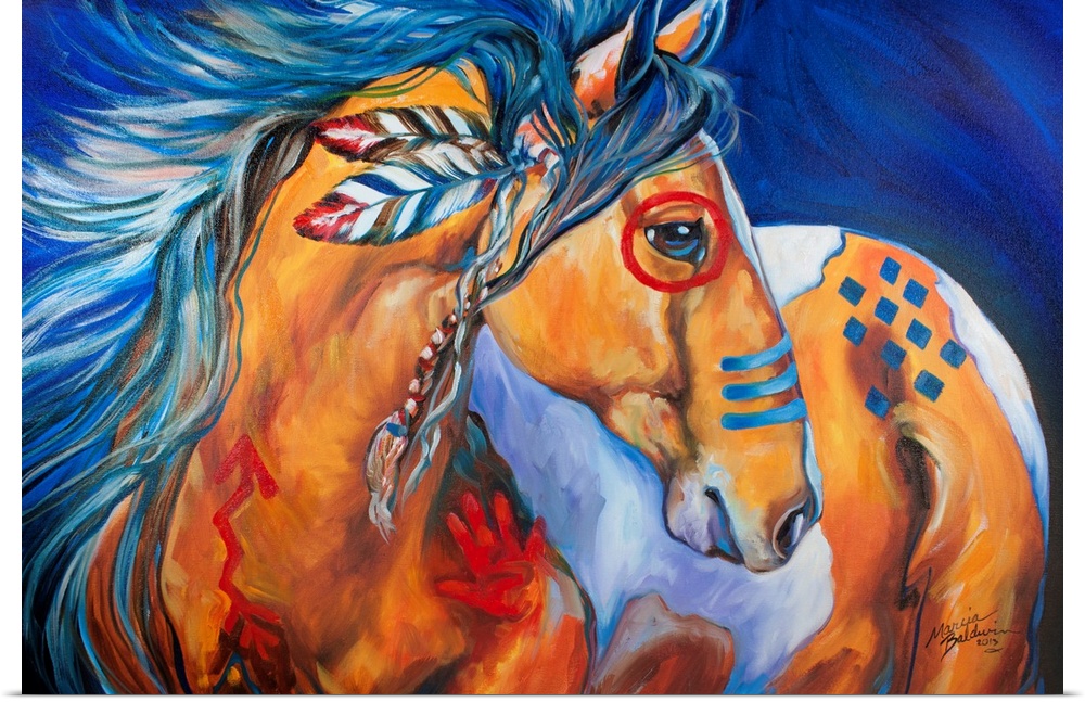 Contemporary painting of an Indian War Horse with red and blue body paint and feathers in its mane on a blue background.