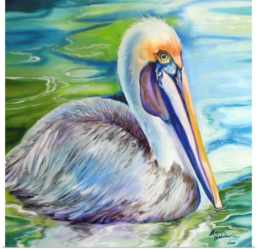 Square painting of the brown pelican, such a wonderfully exotic wild bird in Louisiana, is depicted in this art.