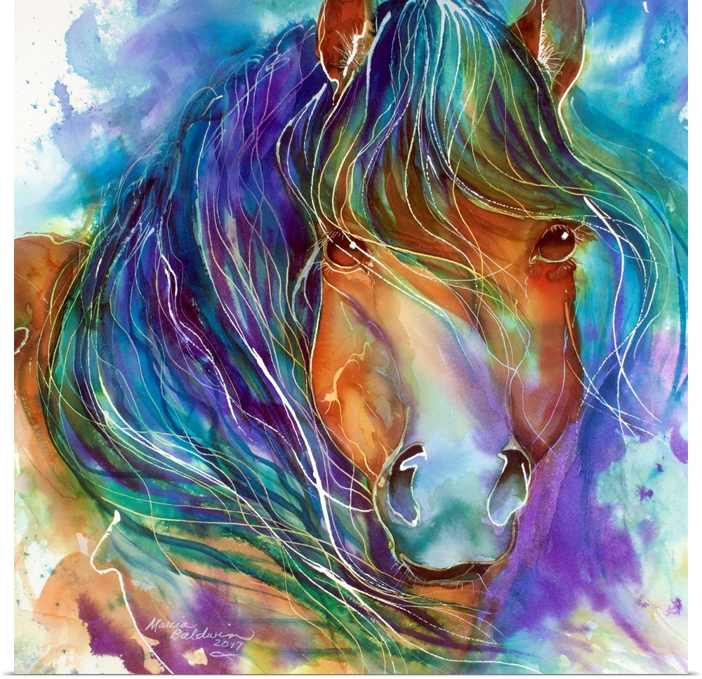 Painting of a Wild Mustang, bay, with long mane and vibrant color, depicts this equine in his strong nature and spirit.