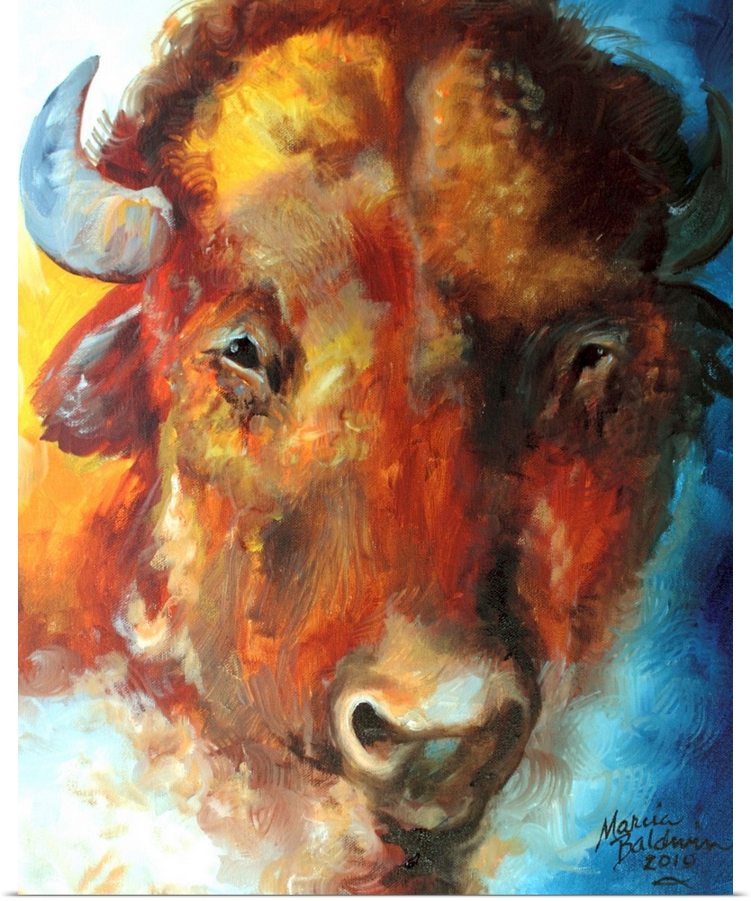 Vertical painting of a buffalo's face with an abstract blue, yellow, and orange background, inspired from a trip to Yellow...
