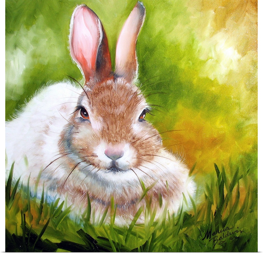 Square painting of a precious bunny on a grassy green, brown, and yellow background.