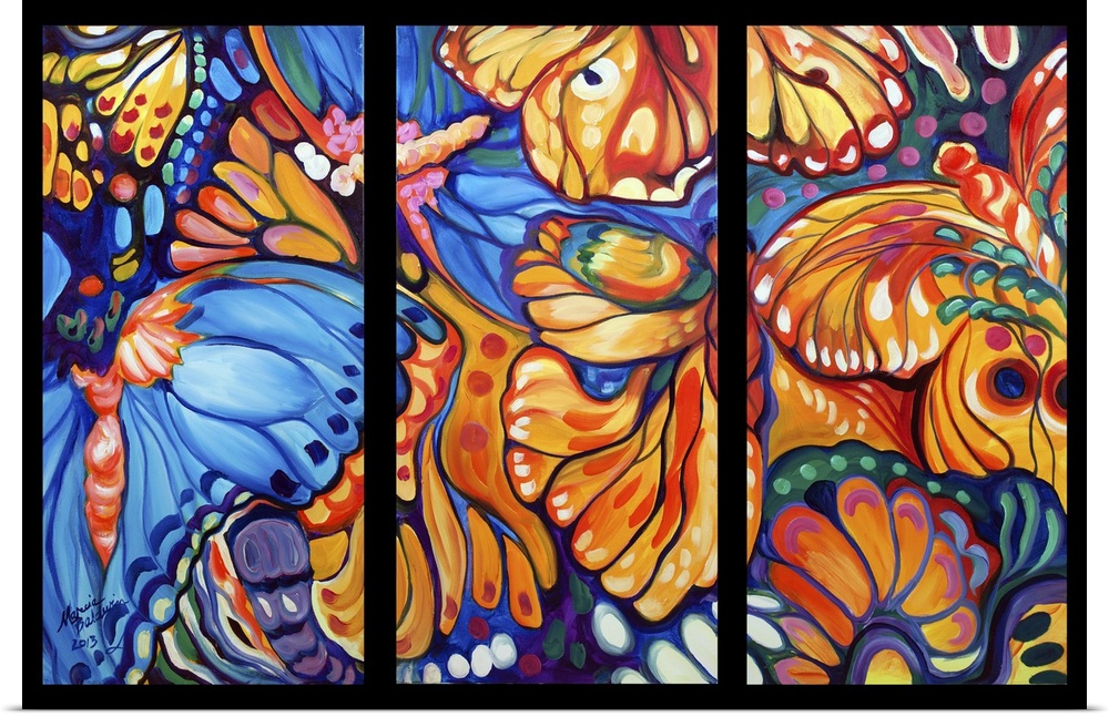 Painting split into three sections of vibrant butterflies.