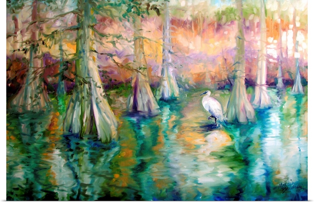 Contemporary landscape painting of a scene from the Louisiana bayous with a white heron and cypress trees in a swamp with ...
