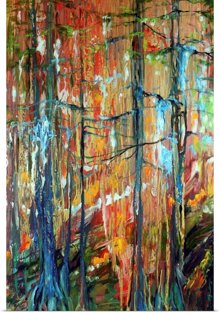 An abstract painting of the swampy wooded cypress bayous of Louisiana with vibrant colors.