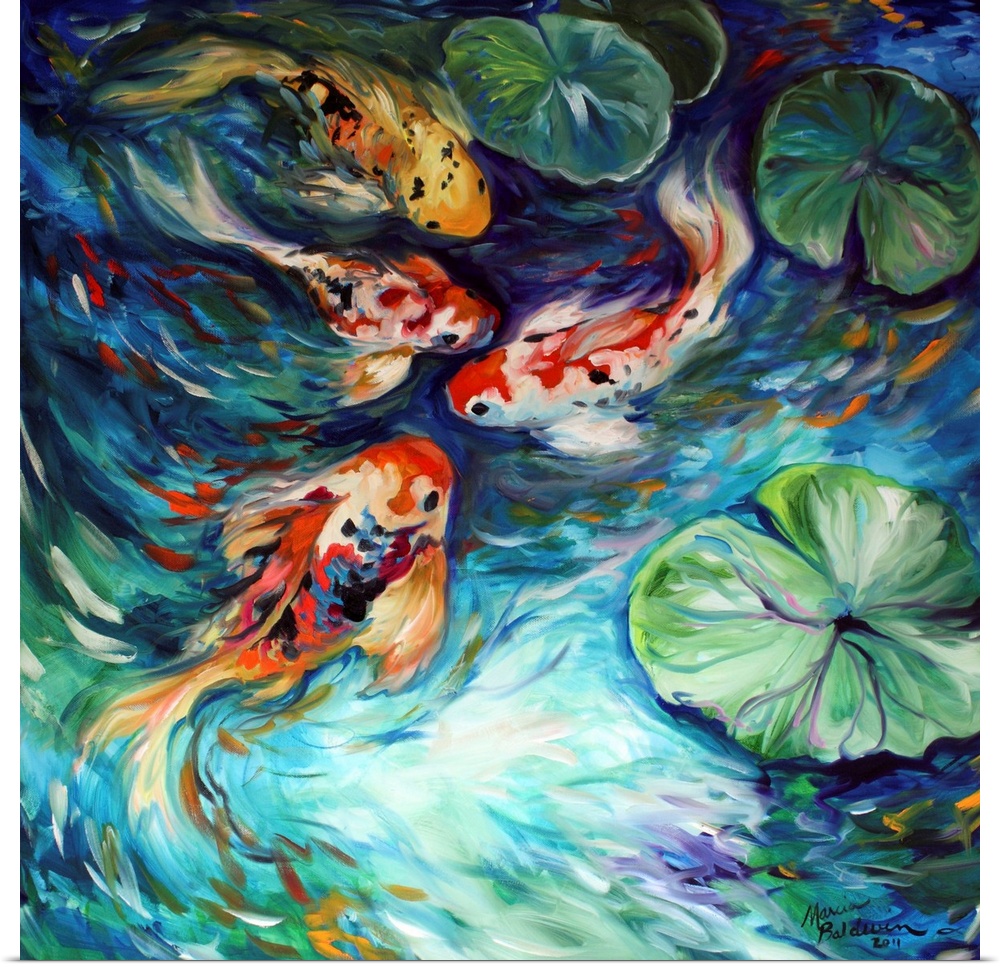Square painting of four koi fish in a pond with lily pads and curved brushstrokes.