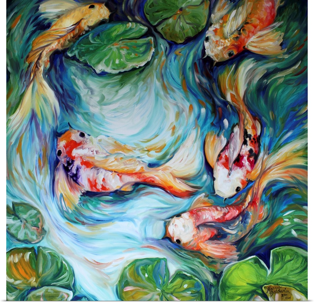 Square painting of five swimming koi fish in a pond with lily pads and curved brushstrokes.