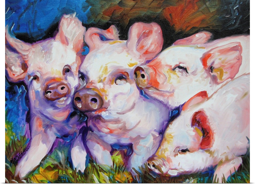 Contemporary painting of four little pigs snuggling together and covered in dirt on an abstract background.