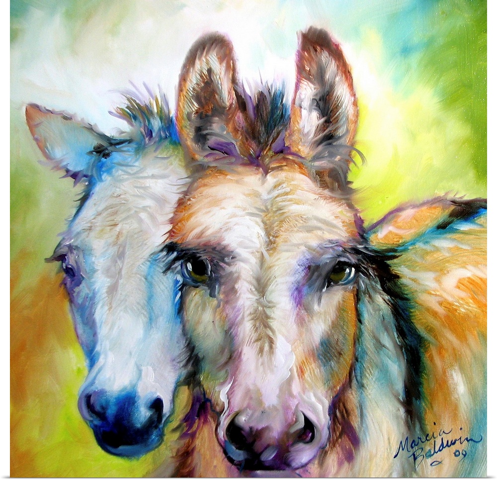 Square painting of two donkeys with purple and blue highlights on a colorful background.