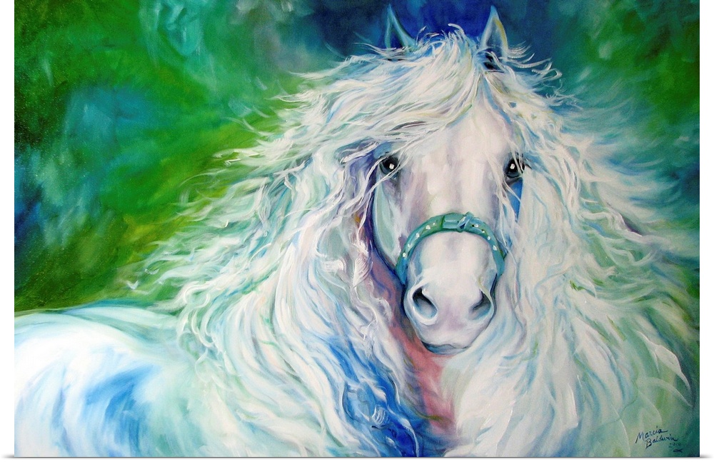Contemporary painting of a white Andalusian horse with a flowing mane on a blue and green background.