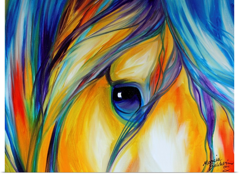 Contemporary painting of a horse close-up with a colorful mane and a bright blue eye.