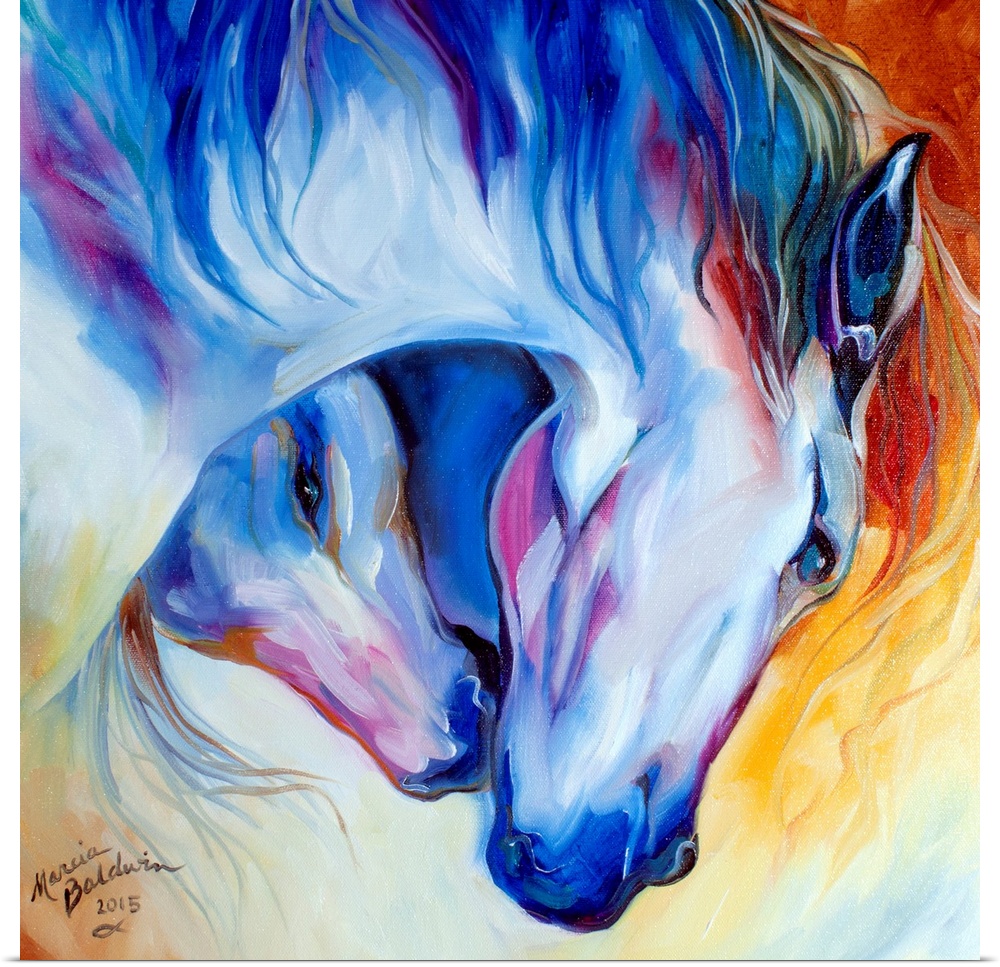 Contemporary painting of two cool toned horses with their heads coming together on a warm orange and yellow background.