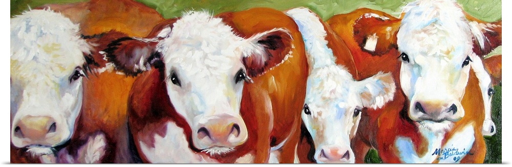 Panoramic painting of five brown and white cattle standing together in a line with a green background.