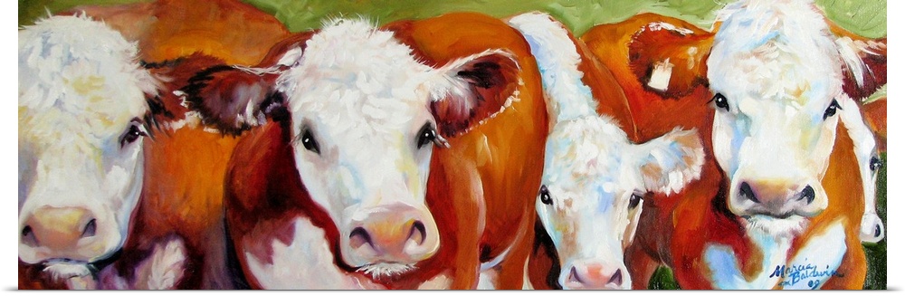 Panoramic painting of five cows standing next to each other in a row with a green background.