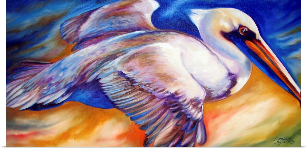 Contemporary painting of a pelican in flight with a colorful background.
