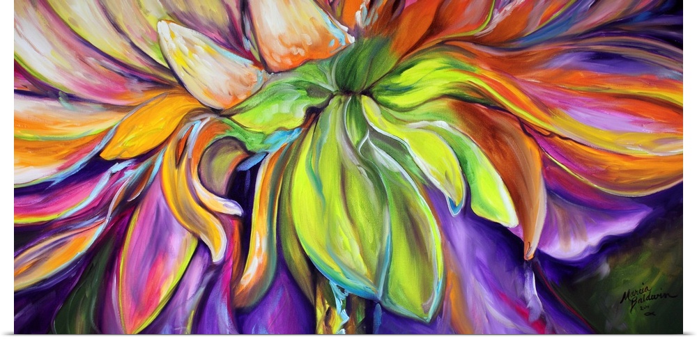 Abstract painting of the gerbera daisy in purple, orange, green, pink, and yellow hues.