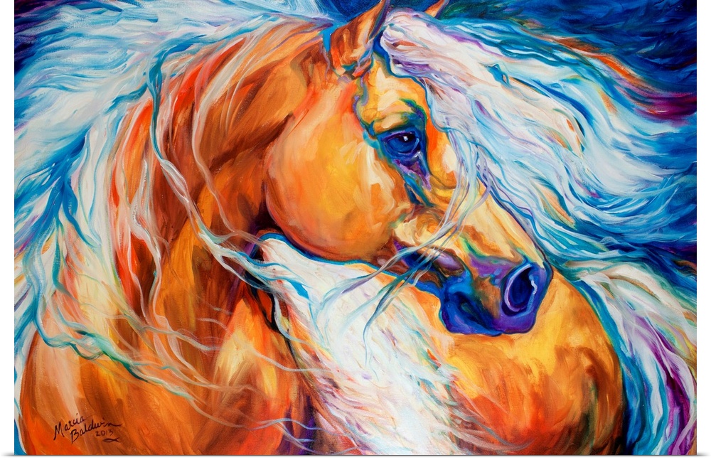 Abstract painting of a Palomino horse with a golden body and a white mane with blue and purple tones running through it.