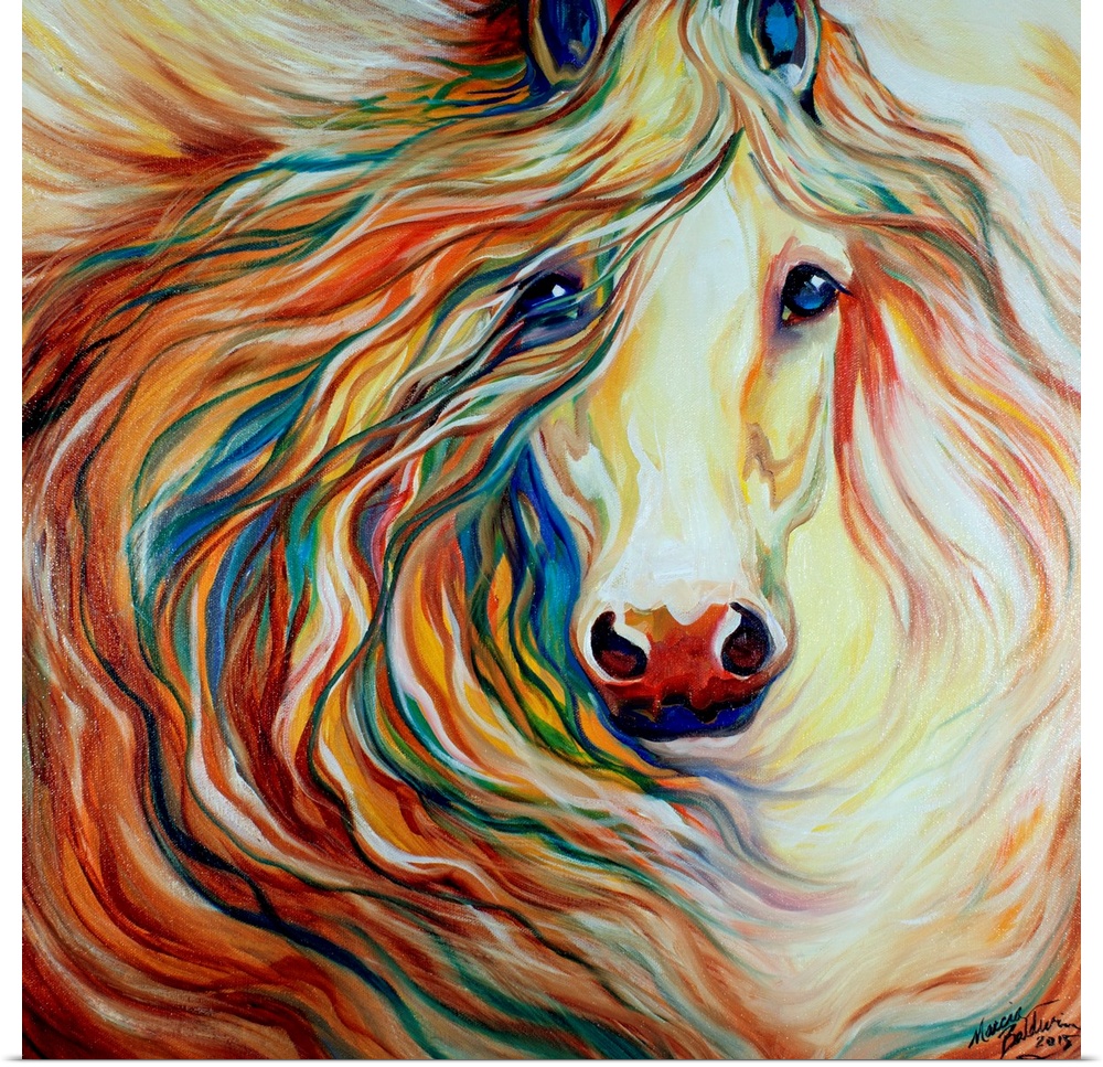 Square painting of a horse with a beautiful flowing mane in brown, red, orange, yellow, blue, and green hues.