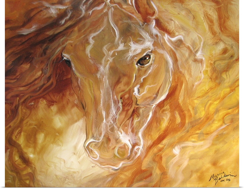 Golden abstract painting of a horse's head with sublime brushwork and hints of burnt umber and burnt sienna.