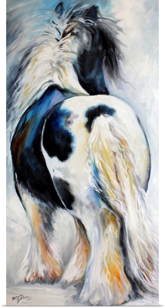 Panel panting of a black and white Gypsy Vanner  horse with both cool and warm highlights and shadows.