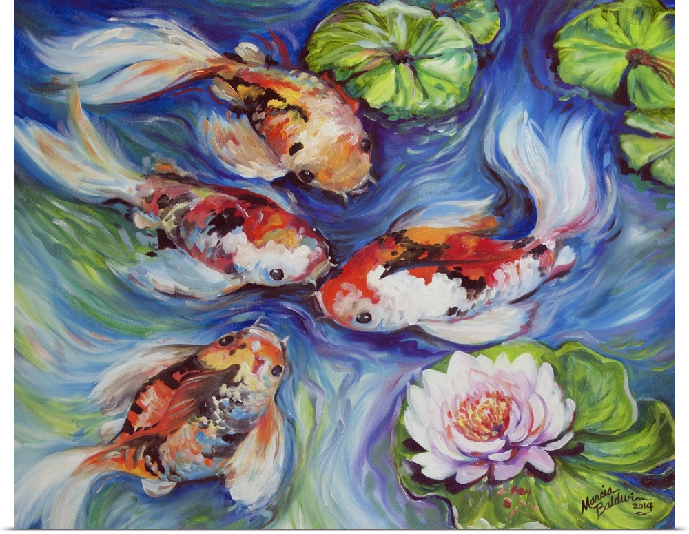 A painting of koi fish and a waterlily blossom in blue swirling waters.  Peace and tranquility.
