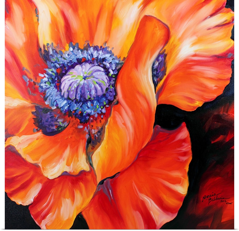A floral abstract of a red poppy on a square canvas.