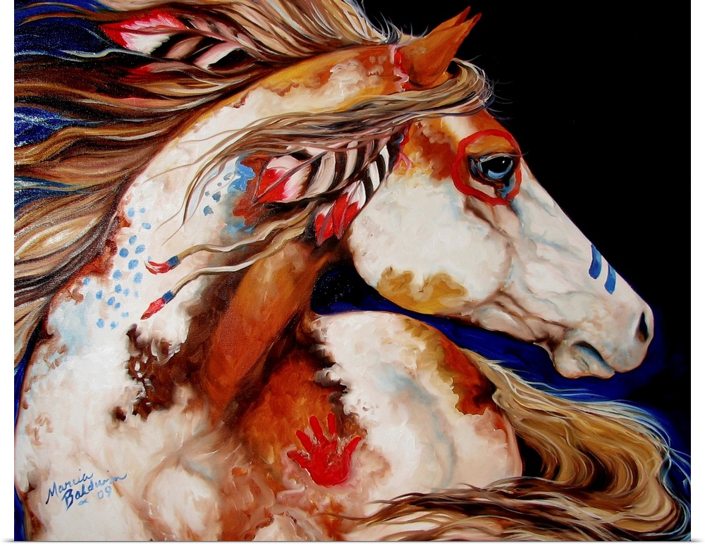 Contemporary painting of an Indian War Horse with painted markings and feathers in its mane.