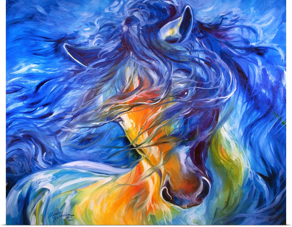 Equine Abstract of a Friesian horse with blue, yellow, orange, and green tones.