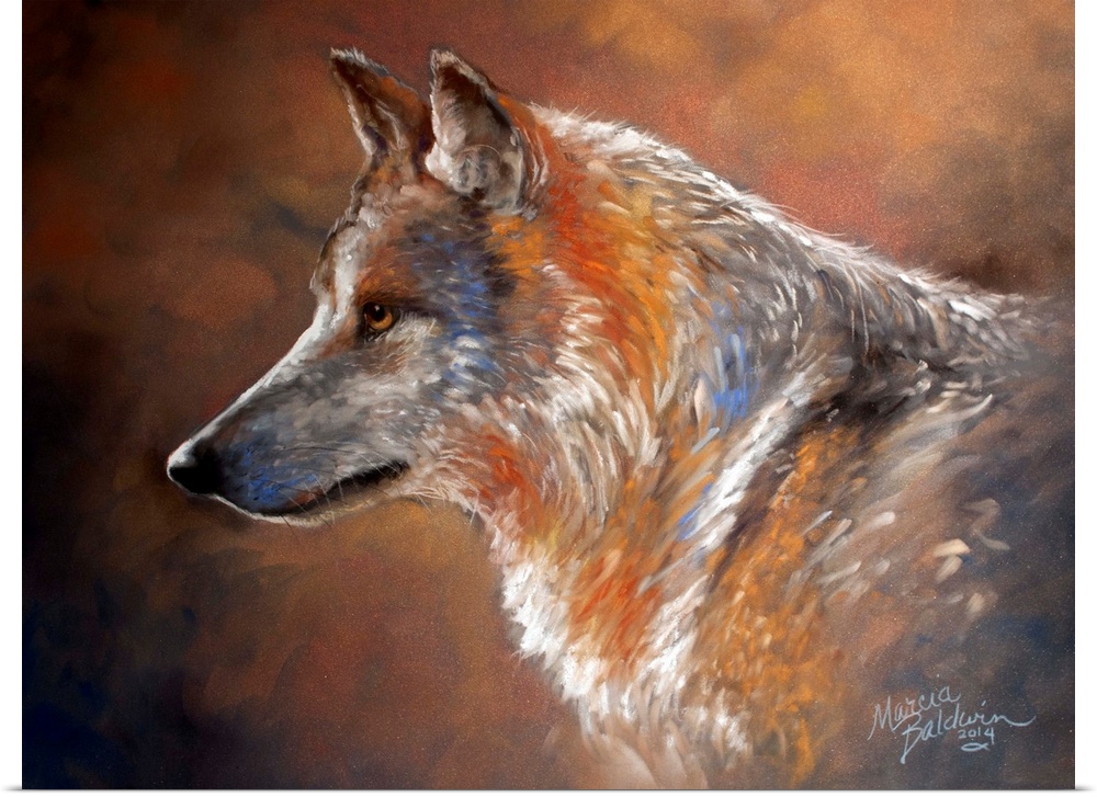 Contemporary painting of a wolf created with short brushstrokes of white, gray, orange, blue, and red hues on a warm backg...