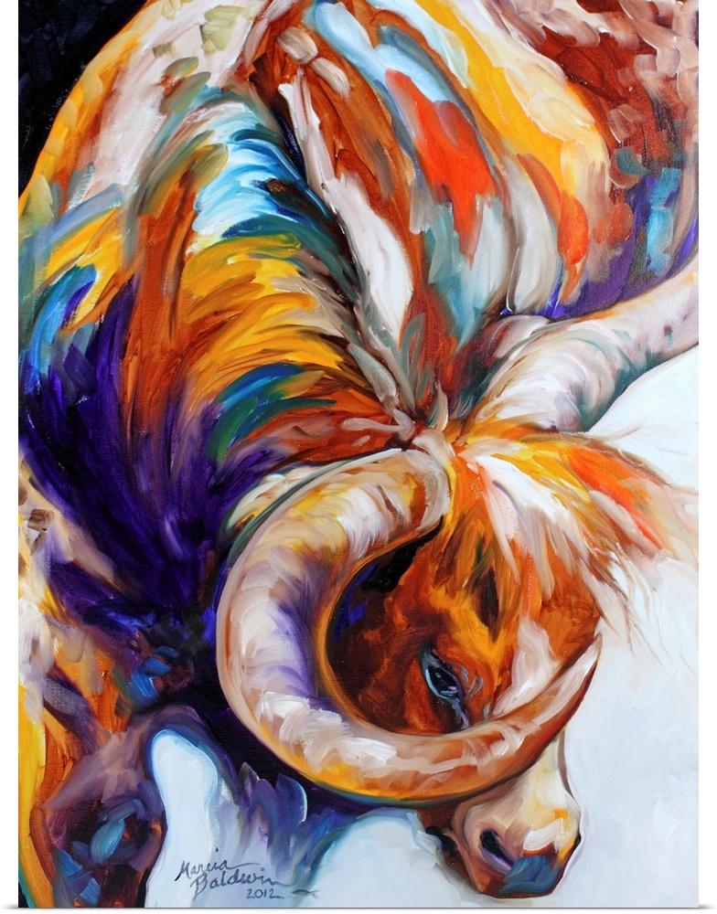 Contemporary painting of a longhorn created with brown, orange, yellow, purple, white, and blue hes.