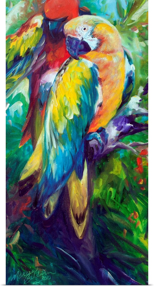 Panel painting of two colorful macaws perched on a branch with leaves in the background.