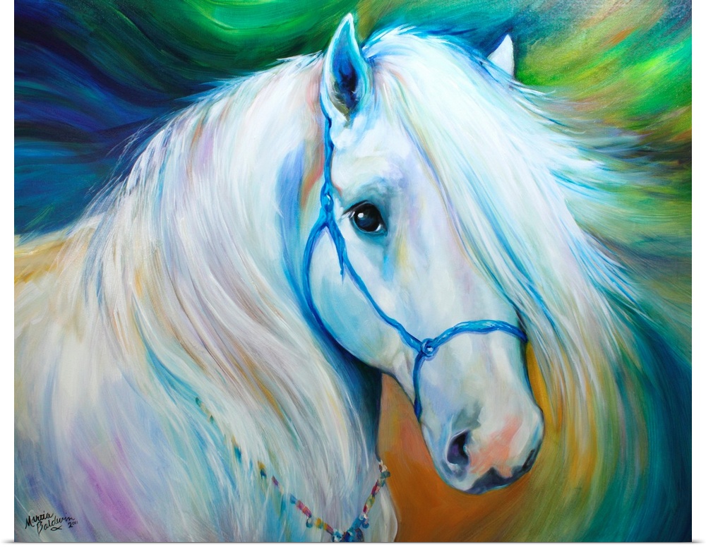 Contemporary painting of a beautiful white horse with purple, blue, and yellow tones on a swirling background.