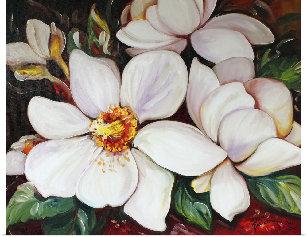 Contemporary painting of white magnolia flowers with a red and green background.